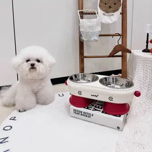 Pet Feeder Bowl Stainless Steel Tempat Makan Kucing Anjing Kaki Tinggi Pet Bowl Neck Protection Material PP + Stainless Steel Design Ergonomis Aman Postur Leher