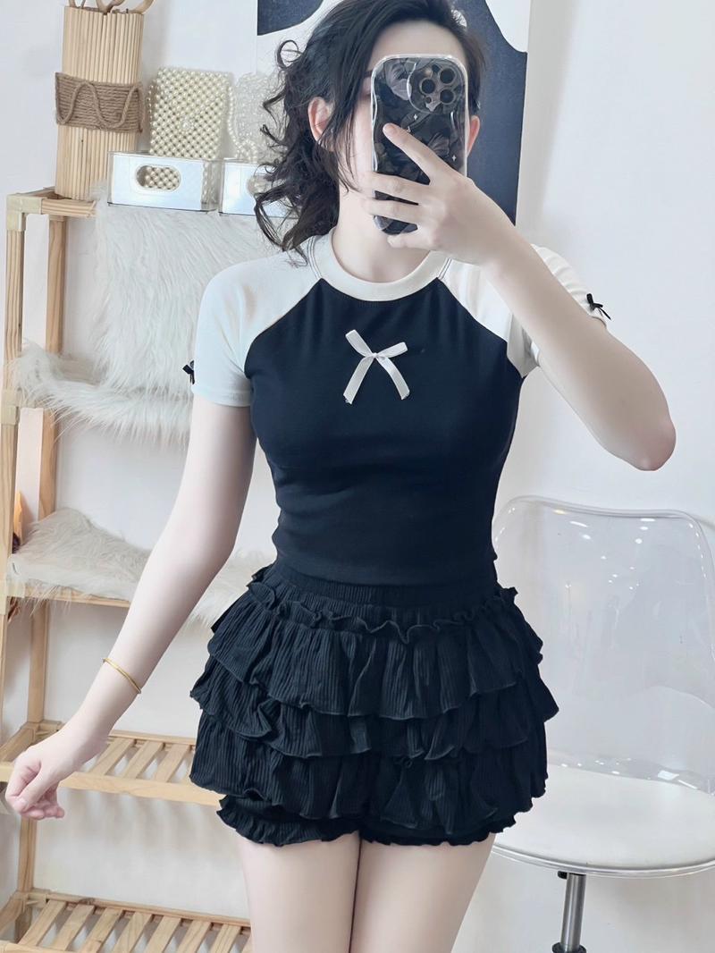 Product Introduction of Áo Thun Croptop Borip Nữ Form Basic Cổ Tròn Tay Ngắn Raglan Phối 2 Màu Đính Nơ Women Sen 18