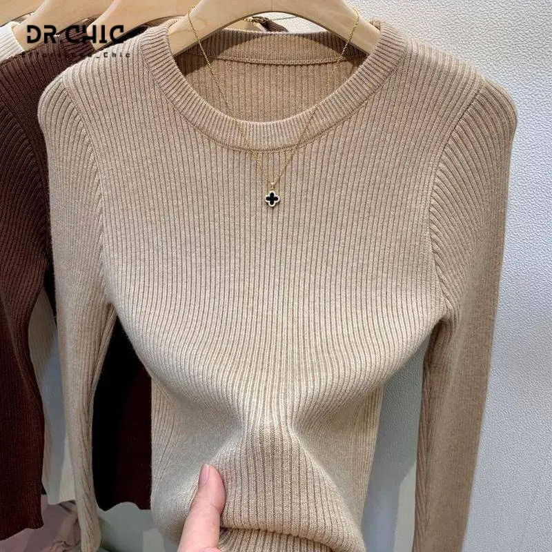【Dr.Chic】baju rajut lengan panjang wanita, leher bulat, Ramping, Rupa lebih langsing, serba guna, warna polos, baju sejuk pendek, Lapisan asas langsing Knitwear Tops sweatercewekuniqloori