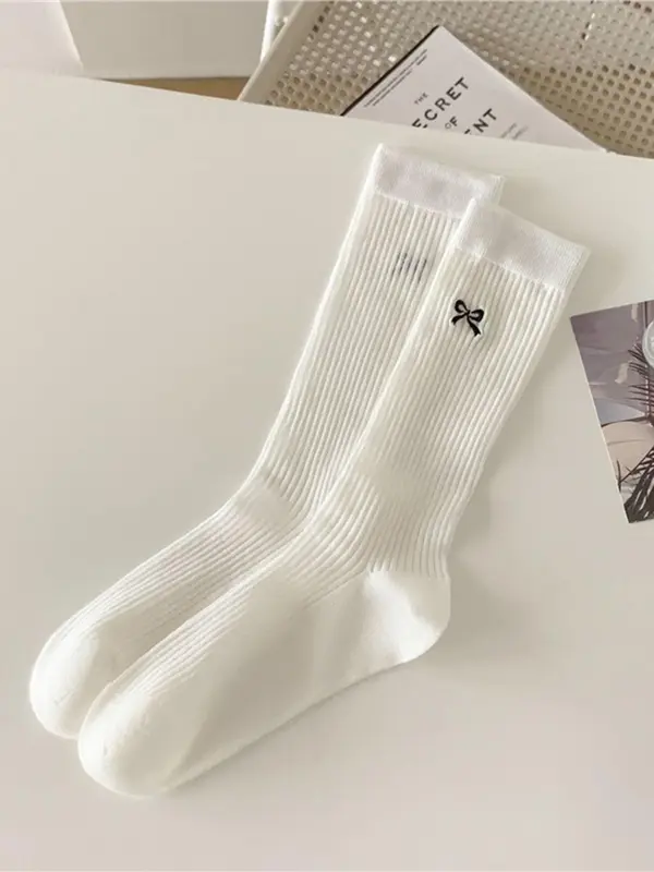 Women's Bow Embroidery Mid-calf Socks, Casual Comfortable Breathable Socks for Daily Wear, Women's Socks for All Seasons 4