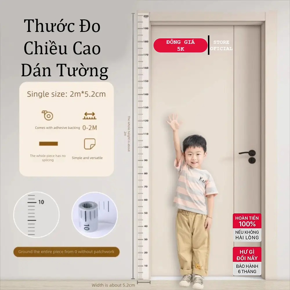 Thước Đo Chiều Cao Dán Tường 2m Dán Đo Chiều Cao, Băng Đo Chiều Cao Trong Suốt Tự Dính Chiều Cao 2M Cho Trẻ Mới Biết Đi