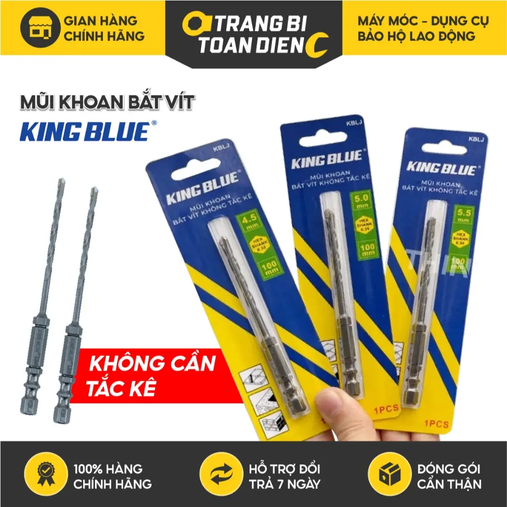 Mũi khoan bê tông không tắc kê chuôi lục giác KingBlue KBLJ kích thước 3 - 10mm, Mũi khoan tường, gạch men, bắn vít