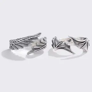 【Sktlz】Iblis hitam, malaikat putih, cincin sayap terbuka, cincin sayap retro terbuka, cincin pasangan wanita dan pria
