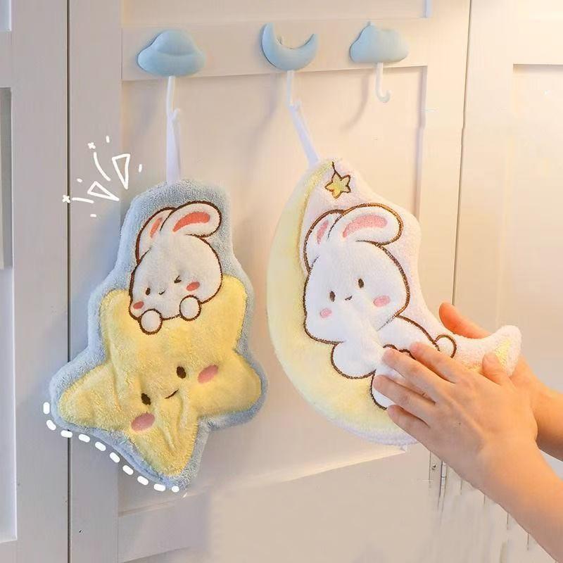 Product Introduction of Cute Rabbit Pattern Hand Towel Soft Hanging Towels Absorbent Coral  Towel Kitchen Bathroom Double-thickness Hand Towel 20