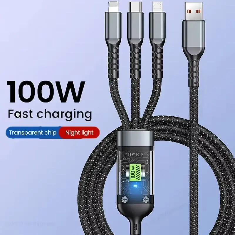 3 In 1 100w Transparent Fast Charging Cable Type Micro For Iphone Samsung Huawei Xiaomi Pilot Lamp Charger Usb C 6A Connector Port Smartphone Cellphone Electronic Device