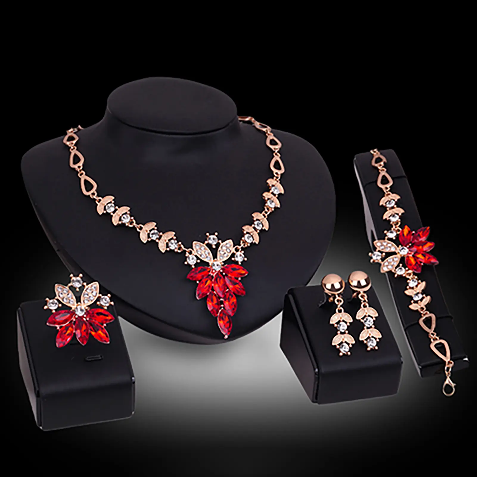 [MYY] 4Pcs Jewelry Set Flower Design Birthday Gift Durable Necklace Earrings Bracelet Ring Jewelry Set for Wedding