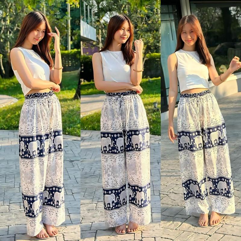  Quần lanh dài dáng suôn ống rộng  họa tiết voi Thái nền thổ cẩm Size 40 - 65kg  Nữ Ong Women Pants 