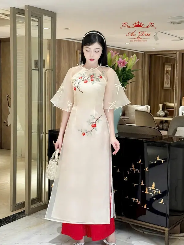Áo Dài Cách Tân Nữ Tơ Thêu Họa Tiết Cao Cấp, Áo Dáng Suông Đính Nơ Nổi Bật Cá Tính 1