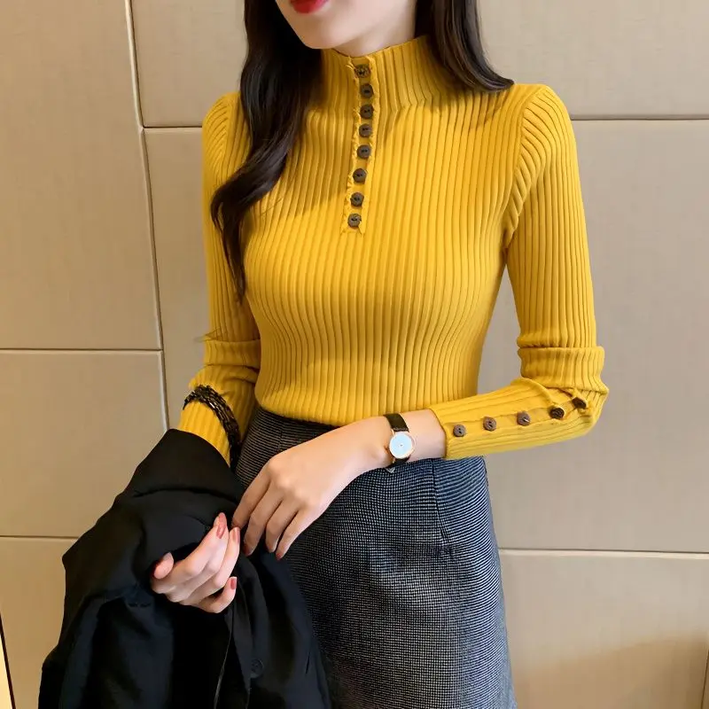 Áo Len Cổ Lọ Nửa, Dành Cho Nữ, Phong Cách Hàn Quốc, Dài Tay, Mỏng Vừa Vặn, Màu Trơn Ngọt Ngào Và Thanh Lịch, Áo Hàng Đầu
