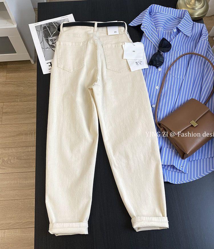 Product Introduction of Quần Jean Harem, Màu Trắng Kem, Dành Cho Nữ, Dáng Suông Rộng Vừa Vặn, Cạp Cao, Bó Sát, Màu Mơ, Phong Cách Daddy, Quần Ống Côn, Hàng Mới Về Mùa Thu 2024， Women， Pants 5