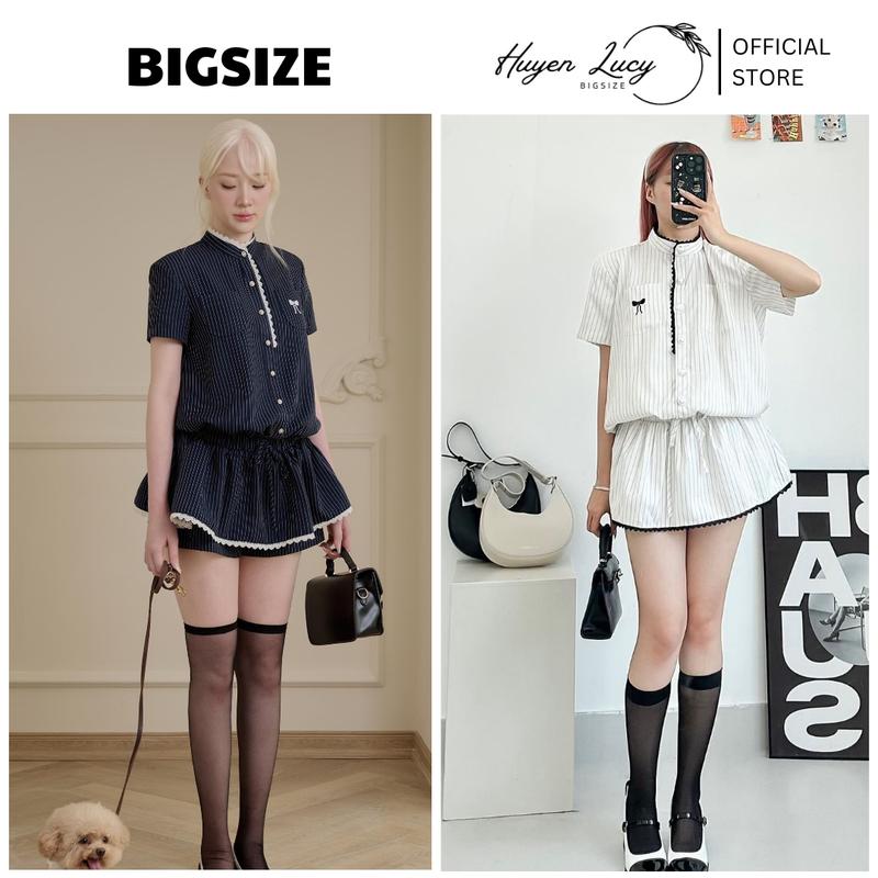 Set Bigsize Nữ Xanh Than Kẻ Sọc Phối Ren Áo Tay Lửng Quần Ngắn Đi Chơi Hẹn Hò Chụp Ảnh Mùa Xuân Mùa Hè Mùa Thu Nữ Tính Hiện Đại Dễ Thương Cute Trẻ Trung