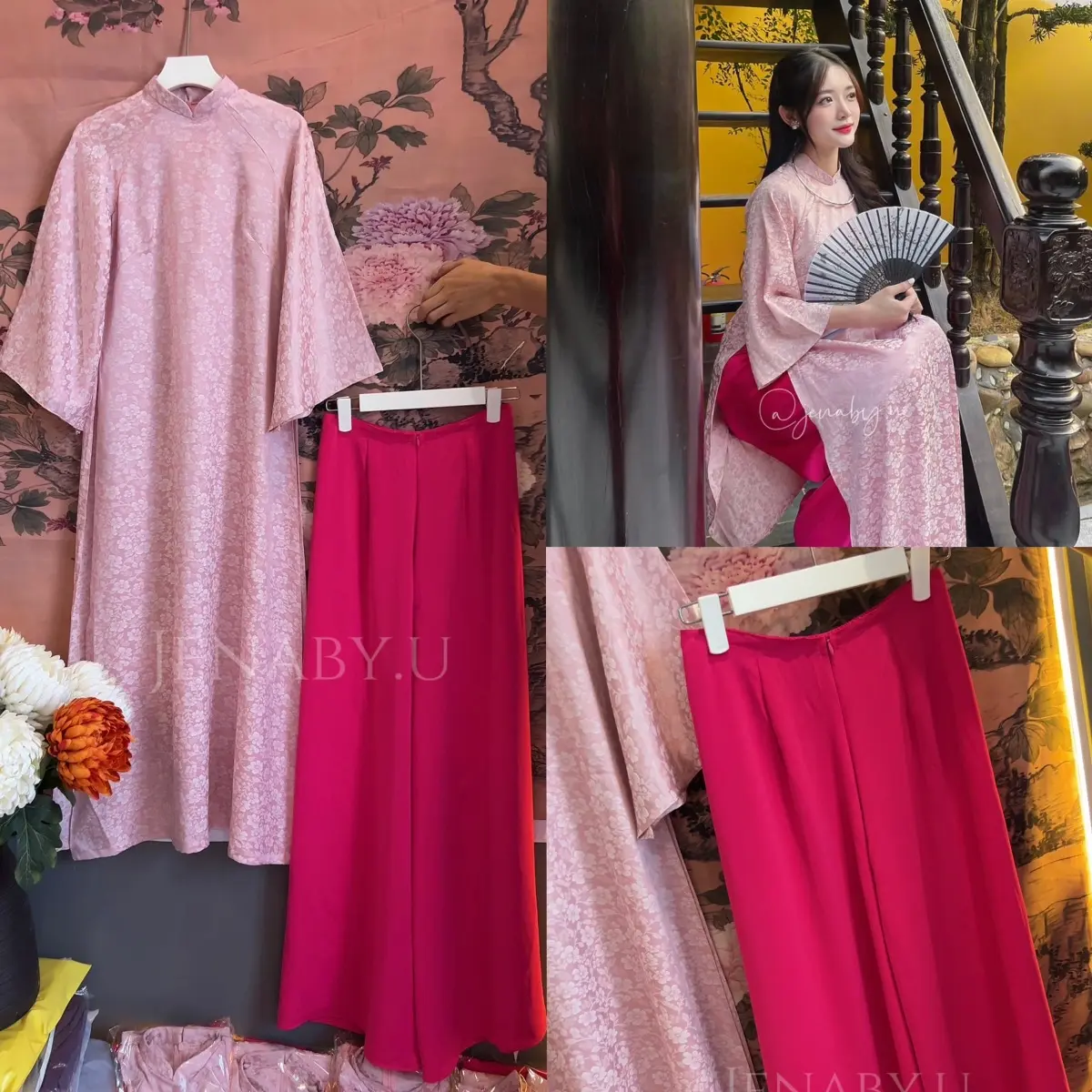 Set áo dài Nguyệt Chi lụa gấm hoa trà tay loe form xinh (Ảnh Thật Shop Chụp)
