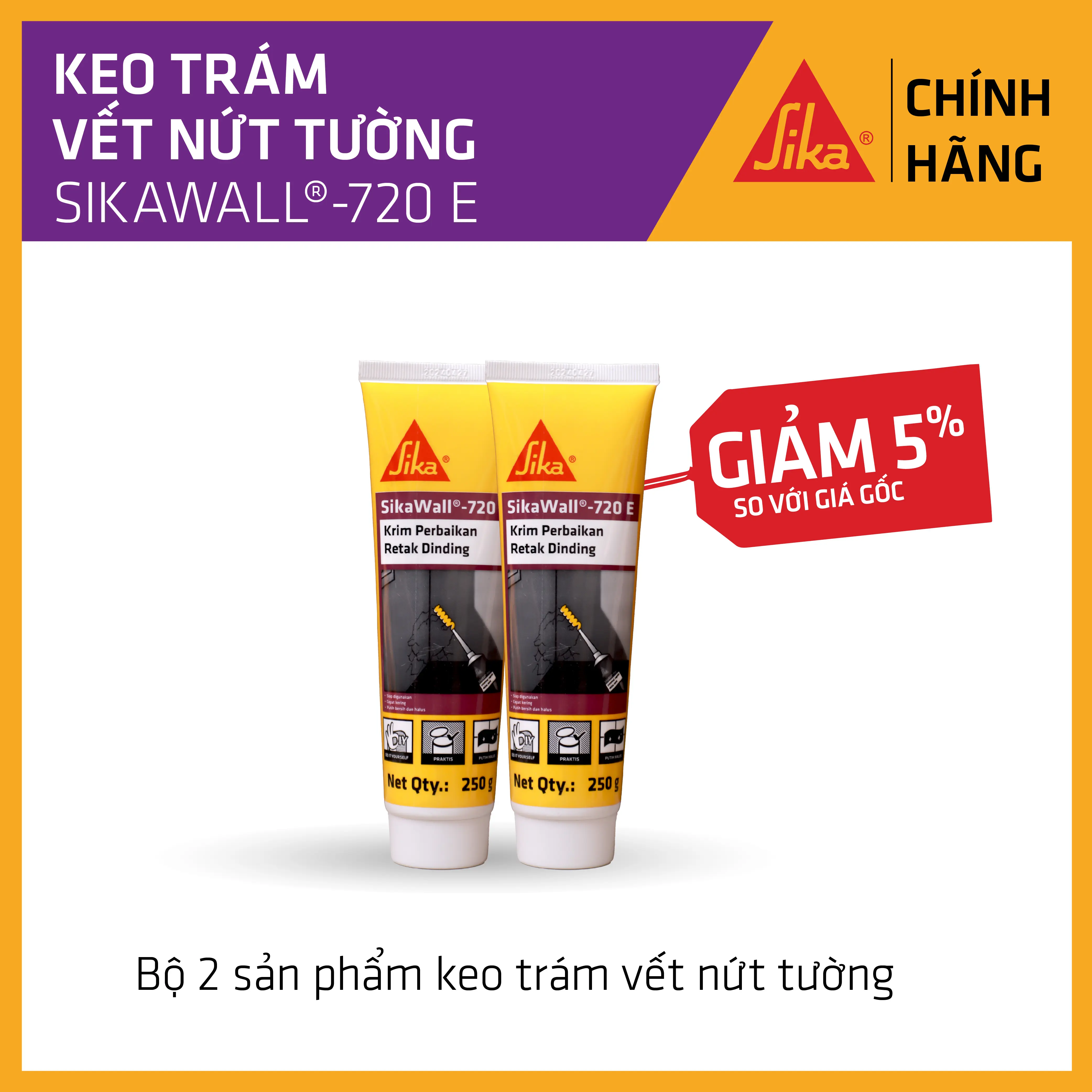 Sika - Bộ 2 sản phẩm keo trám vết nứt tường SikaWall - 720 E (250g)