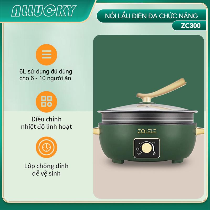 Nồi Lẩu - Nướng 2in1 Zolele ZC300 - Dung tích 6L - Thiết kế tách rời 2 lòng nồi - Điều chỉnh nhiệt độ linh hoạt - Công suất 1500W Nồi Điện Nấu Ăn