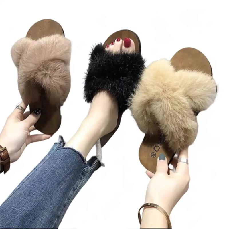 Dép fom bé đặt tăng 1 size Dép lông bản Chéo 3 màu Chân đế phẳng 1 cm trở xuống Đi được cả 4 mùa DéP Slipper Nữ Women Có Quai Nhung