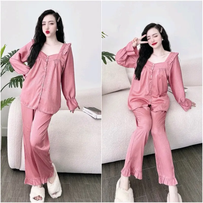 Đồ Bộ cổ vuông tiểu thư màu hồng 0