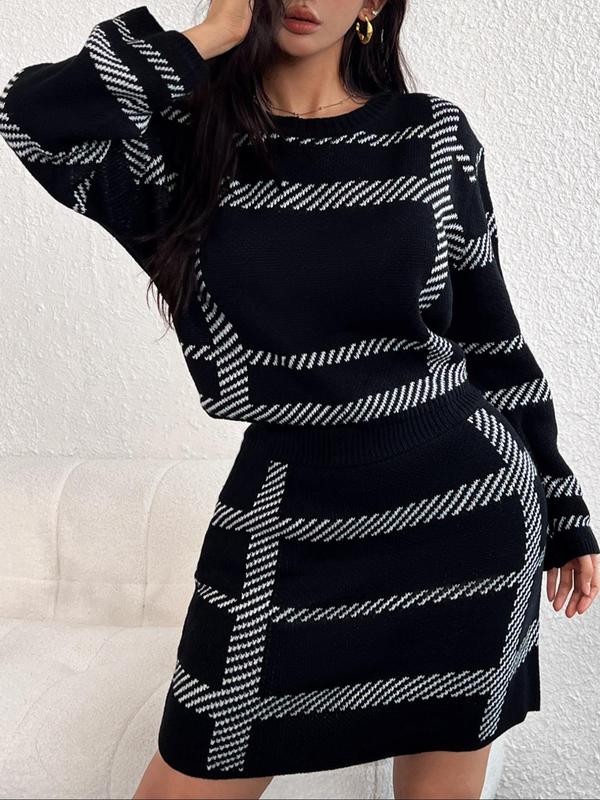 Women's Random Pattern Drop Shoulder Sweater & Elastic Waist Short Skirt Two-piece Set, Casual Fashion Cozy Knitwear Set for Daily Outdoor Wear, Women Knitwear for Fall & Winter 3