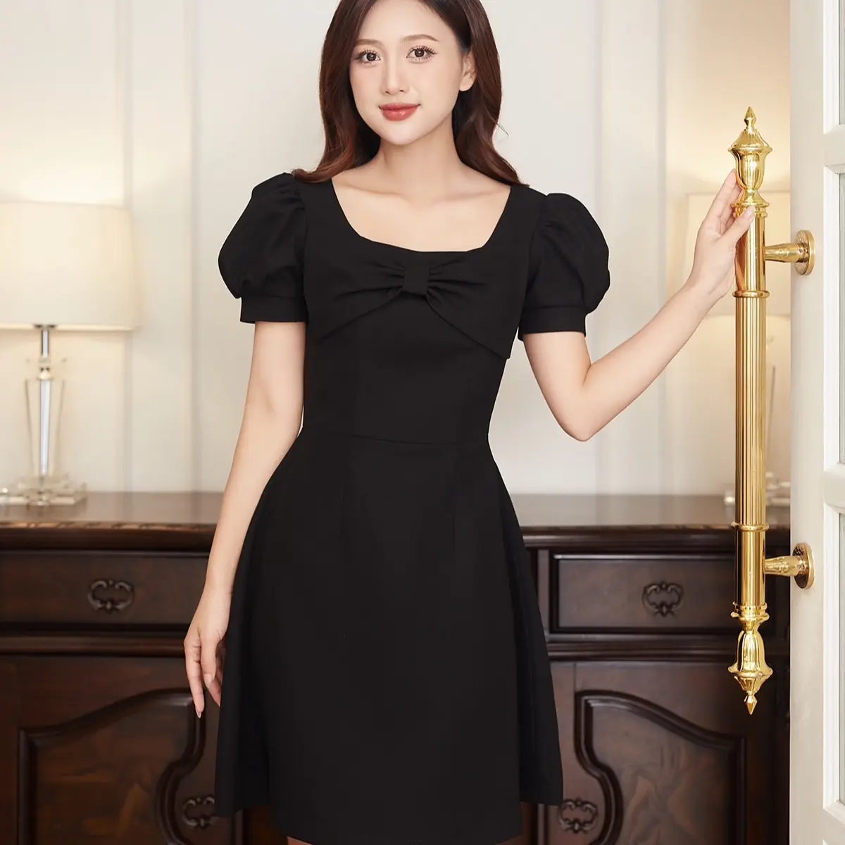 (Giá Xả kho) Váy đầm thiết kế đính nơ trẻ trung và đáng yêu chất tuyết mưa co giãn nhẹ Nữ Women Dress - V4