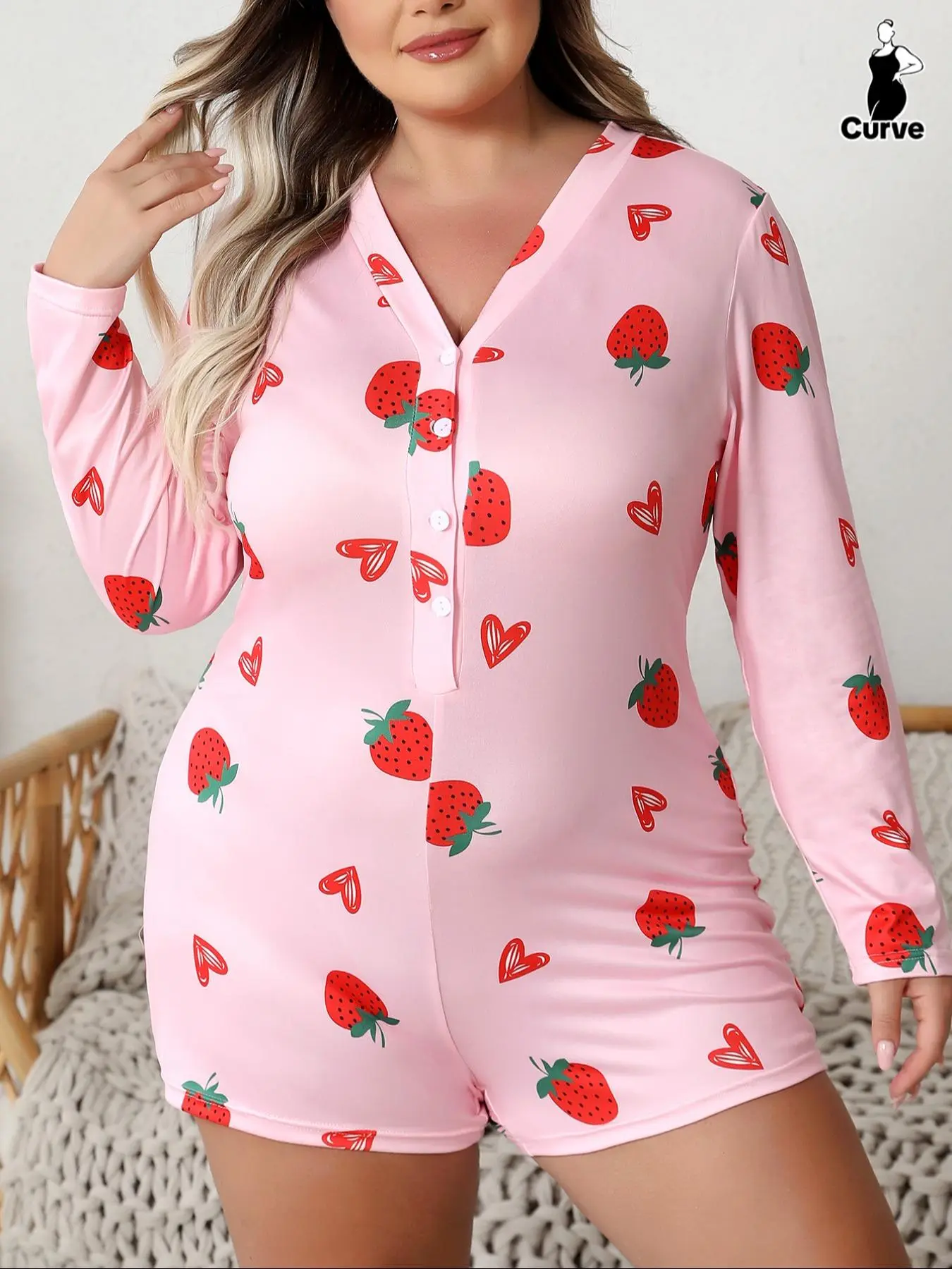 Plus Size Women's All Over Strawberry/Heart/Red Lips Print V Neck One-Piece Pajama Jumpsuit, Cute Casual Comfy Button Front Long Sleeve PJ Jumpsuit for Daily Wear, Women's Sleepwear for All Seasons