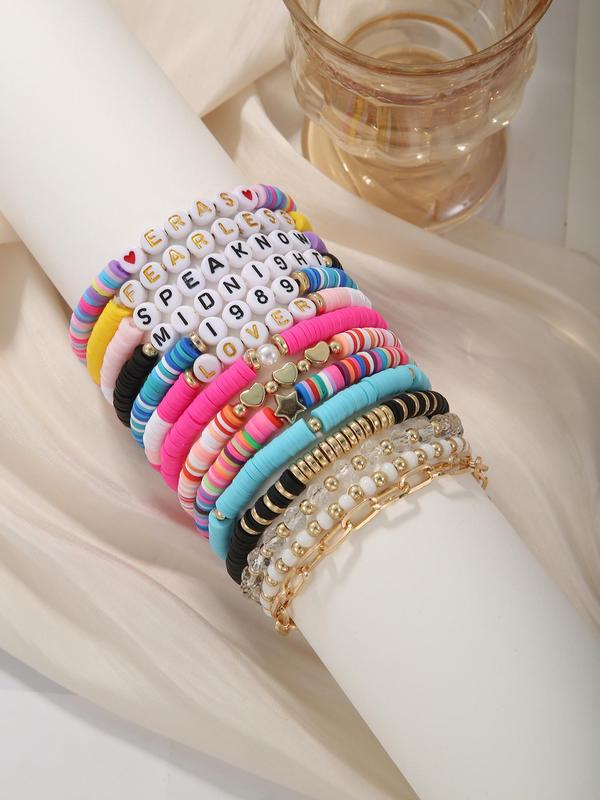 14pcs/set Women's Fashion Colorful Beaded Bracelet & Faux Pearl Decorated Link Bracelet, Heart & Letter Charm Jewelry for Party, Daily Clothing Decor for Girl 2