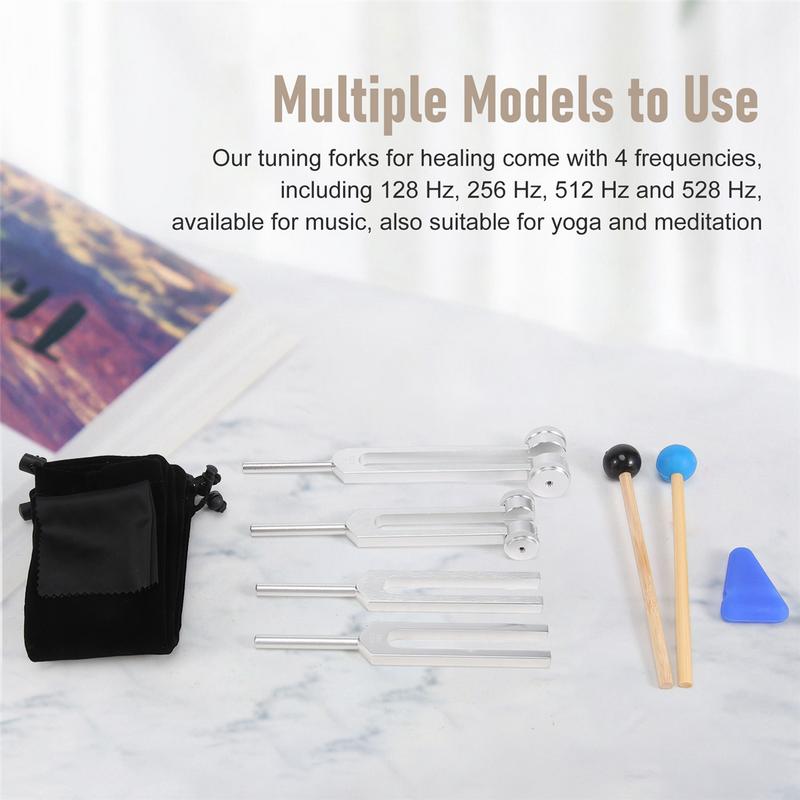 4 Pack Tuning Fork Set(128 Hz,256 Hz,512 Hz,528 Hz)with Tuning Fork Hammer for Sound Healing Sound Vibration ToolsSG 3