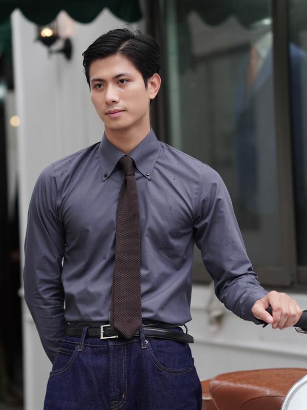 Áo somi màu xám cổ Đức có khuy cài, phiên bản cải tiến 2024, chất liệu cotton Menswear Sơ Mi Shirt Menswear Sơ Mi