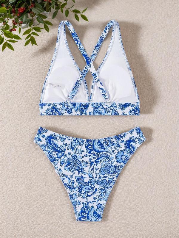 Two-Piece Set Women's Solid Criss Cross Deep V Neck Swimsuit, Casual Swim Top & High Waist Swim Bottom, Summer Beach Swimwear, Bikini Sets 6