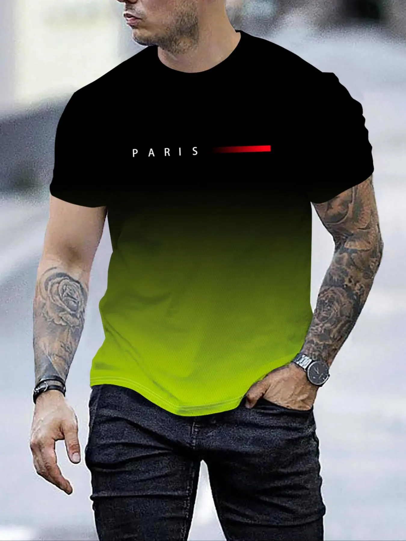Men's Ombre & Letter Print Round Neck Tee, Regular Fit Casual Short Sleeve Crew Neck T-shirt for Summer,  Graphic Tees, Fashion Men's Top for Daily Wear