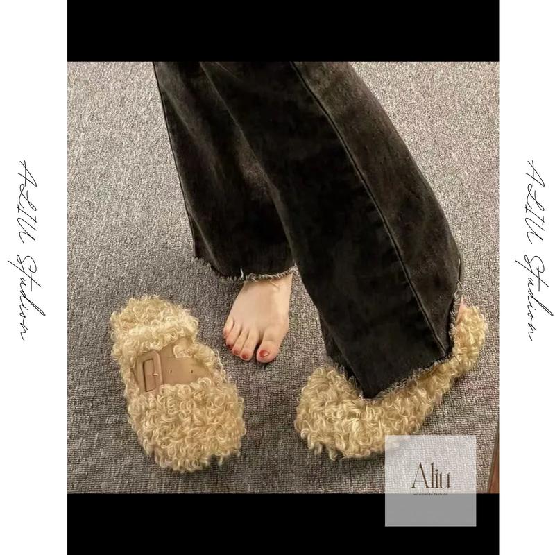 [ALIU - DF039] Giày lười lông cừu thiết kế hottrend mũi tròn đế bằng 5cm