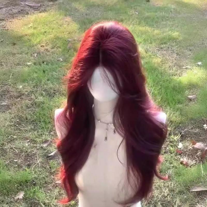2024 Raspberry Red Wig Women's Long Hair Mid-Length Eight-Character Bangs Big Wave Long Curly Hair Natural Imitation Full Human Hair Full-Head Wig 6