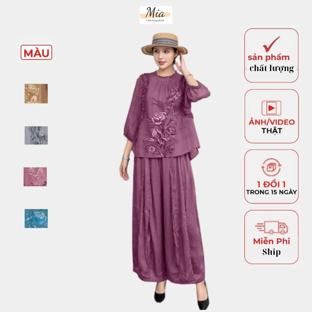 MS06  Bộ Đồ In Hoa Dáng rộng thời trang,Bộ quần dài lưng chun co giãn dễ mặc, chất liệu đũi tơ mềm mịn thoáng mát có bigsize 40kg đến 85kg Nữ Kem Women Top Nhung Áo Nhung Áo set đỏ hồng đường viền botieuthu sét váy dạ lông setbộ setbo 3mon chân