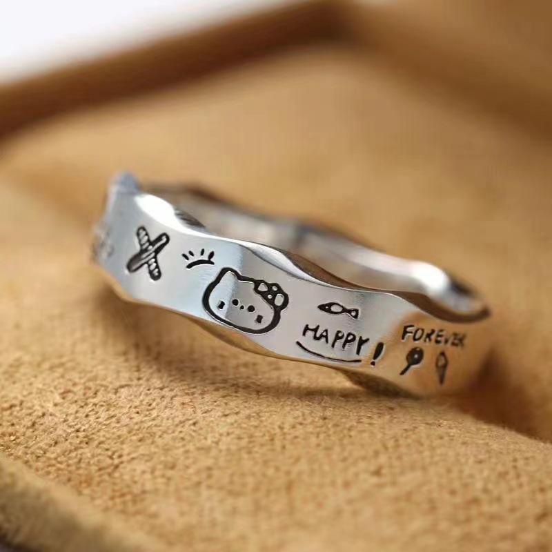 Product Introduction of Nhẫn Graffiti, Thiết Kế Hợp Xu hướng Hình Mèo KT Và Chó Pacha, Phong Cách Hoạt Hình Dễ Thương Và Tối Giản, Viền Gợn Sóng, Nhẫn Đôi, Độc Đáo 7