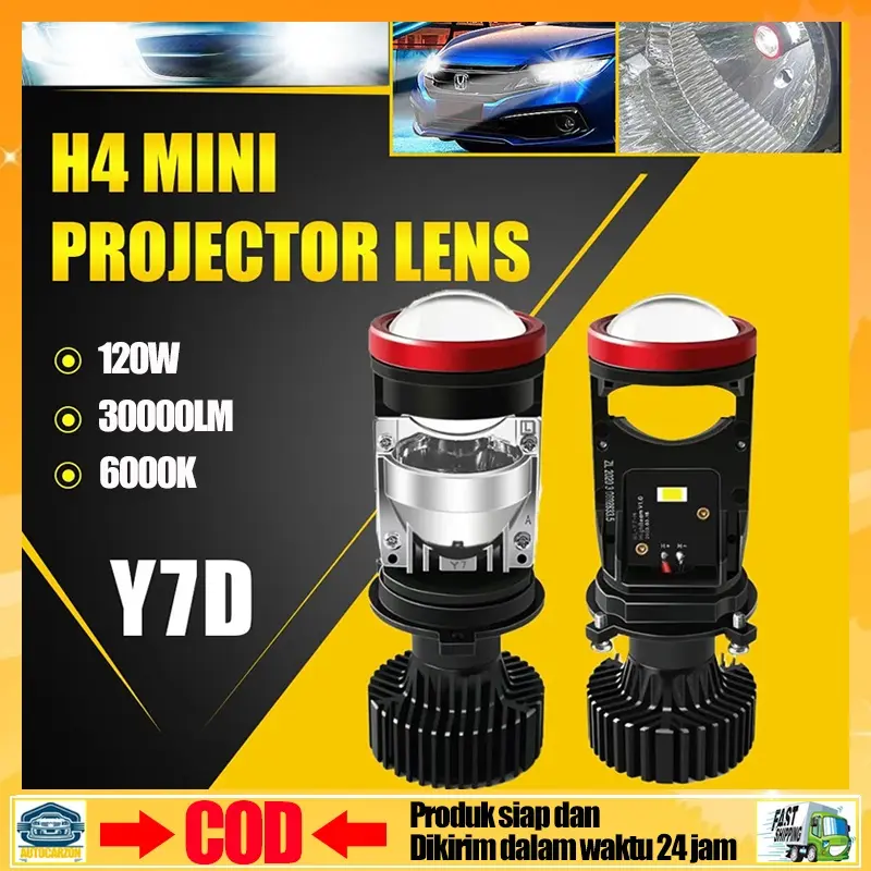 Sepasang 2PCSKemasan Baru Y7D Lampu Led Mobil Y6D Y8D Mini Projie H4 120 Watt 30000LM Super Bright H4 Mini Projector Lens Lensa Motor Mobil Headlight Headlamp-Sepasang Lampu Car 0