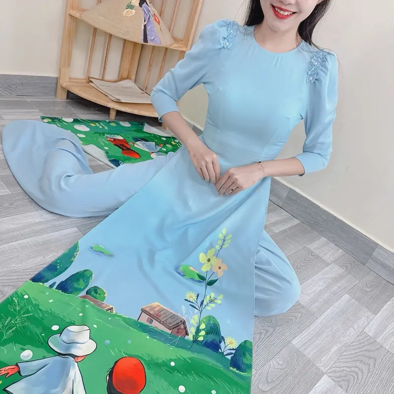 ( KHÔNG KÈM QUẦN) Áo dài chân tranh đồi cỏ xanh 0