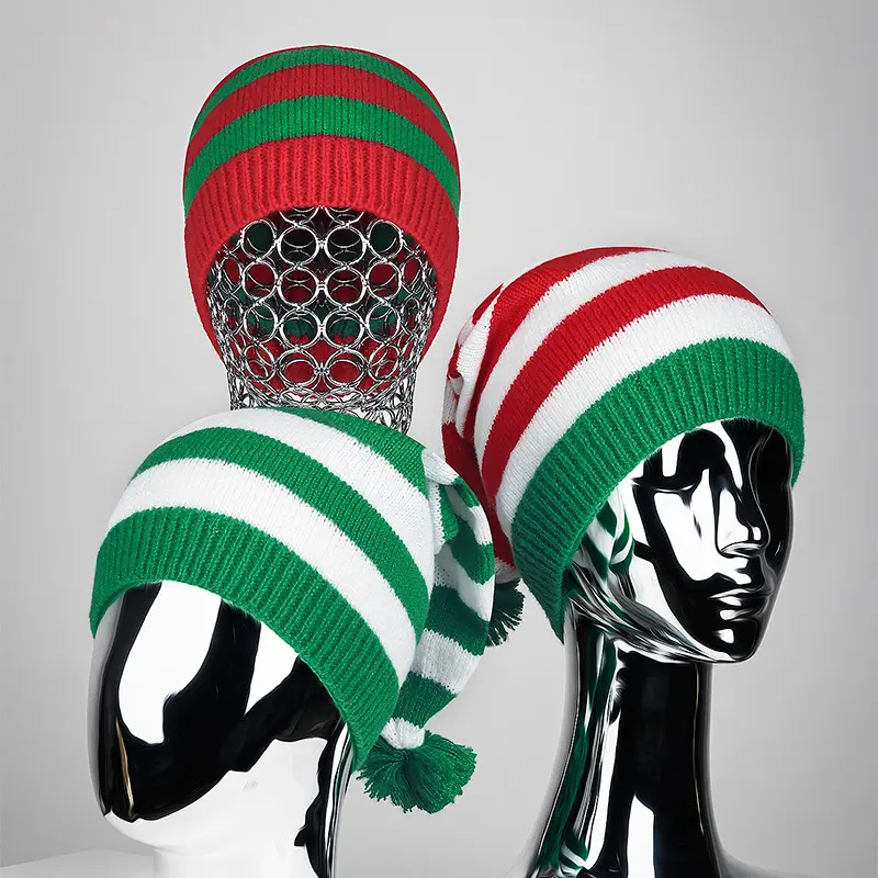 Christmas knitted hat, red and green striped fur ball long-tailed hat, European and American Santa Claus hat, gift Accessory Masks Accessory Masks