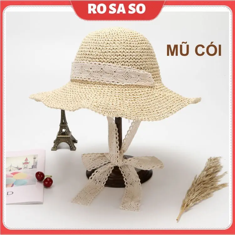 Mũ cói nữ che nắng mùa hè ROSASO dây ren đi biển gấp gọn hàng cao cấp có dây ren buộc nón