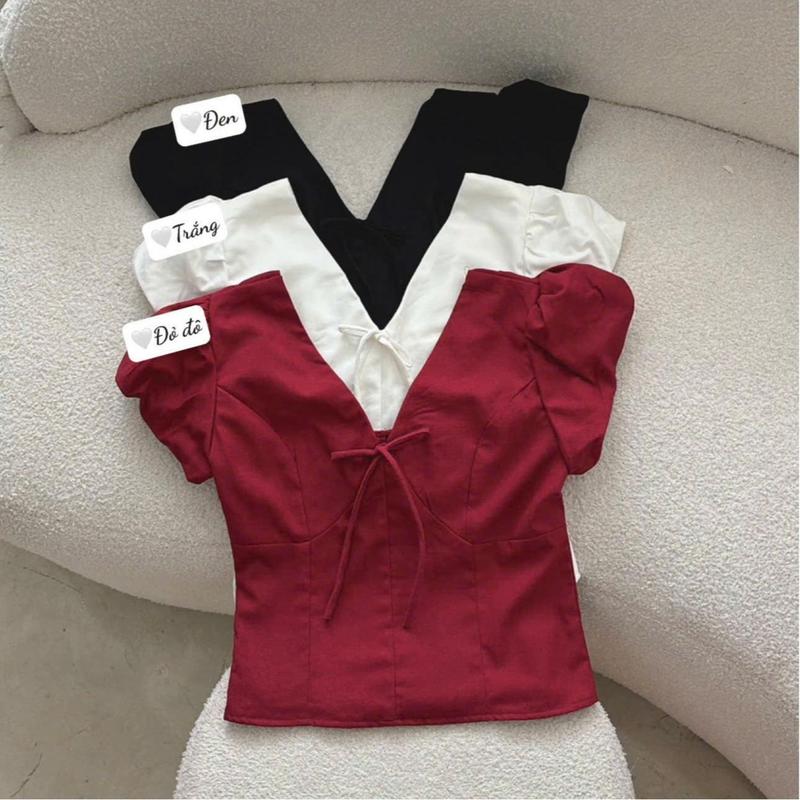 Áo Kiểu Linen Cổ V Tay Phồng Chun Sau [Một Mẩu House]