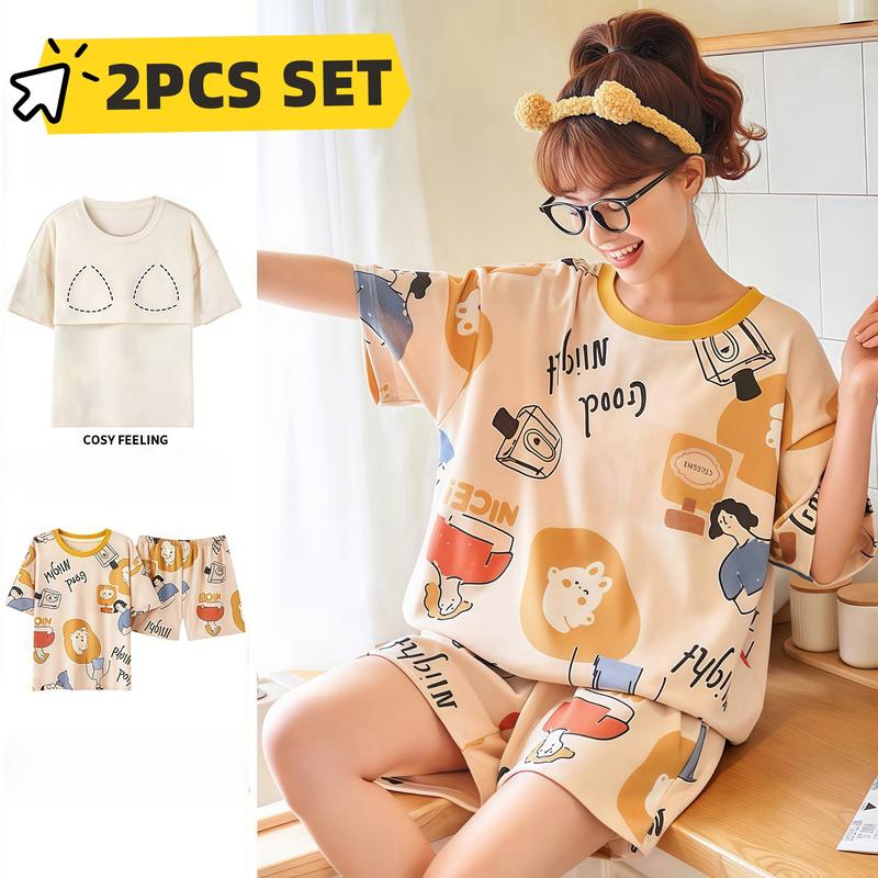 Bộ Đồ Ngủ Hoạt Hình, Dễ Thương, Dành Cho Nữ, Chất Liệu Cotton Mỏng, Áo Sơ Mi Ngắn Tay, Quần Đùi, Đồ Ngủ Thường Ngày Dáng Rộng, Quần, Màu Trơn Đơn Giản, Thích Hợp Cho Các Cặp Đôi, Bộ Quần Áo Mặc Nhà, 2 Chiếc 0