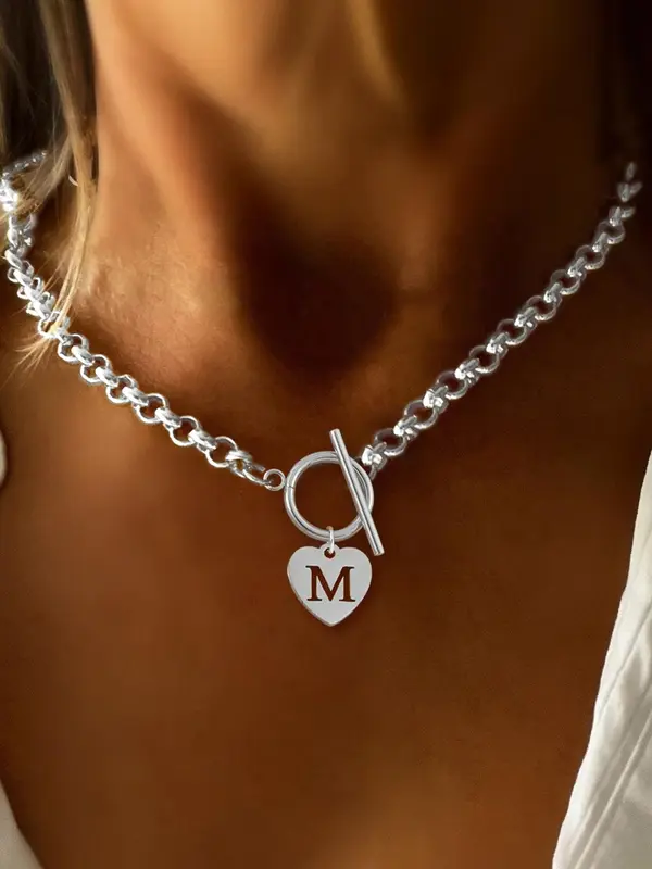 Heart Hollow Out Initial Pendant Necklace, Stainless Steel Chain Statement Necklace for Women with OT Buckle, Elegant Fashion Jewelry for Party, Daily Decor, Trendy All-match & Exquisite Jewelry for Birthday Gift, Girlfriend Gifts 4