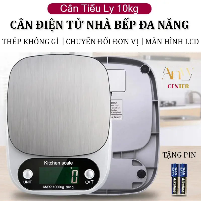 Cân tiểu ly điện tử 10kg - 1g, Cân tiểu ly độ chính xác cao, Cân điện tử thực phẩm tính năng trừ bì + kèm pin