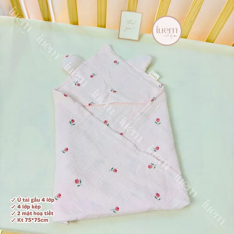 iuem Ủ choàng tai gấu kích thước 75*75cm, 4 lớp kép,  quấn ủ bảo vệ cho bé sơ sinh, ủ mềm mát, nhẹ thoáng, kết hợp làm khăn tắm cho bé 5
