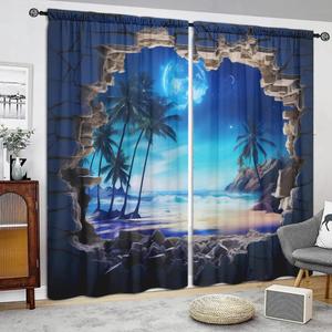 Moon & Beach Print Curtain, 2 Counts/set Rod Pocket Window Treatment, Window Curtain for Home Office Bedroom Living Room