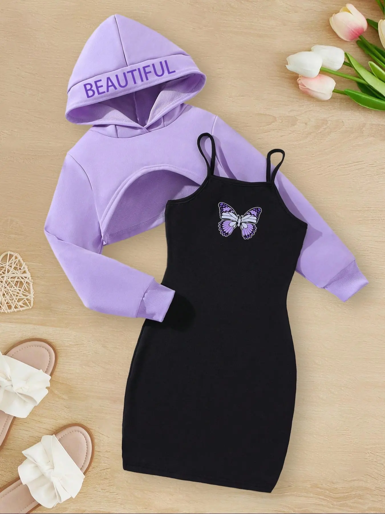 Girl's Letter Print Hoodie & Butterfly Print Cami Dress Two-piece Set, Casual Fashion Hooded Sweatshirt & Sleeveless Dress for Daily Outdoor Wear, Girl's Clothes for Fall & Winter