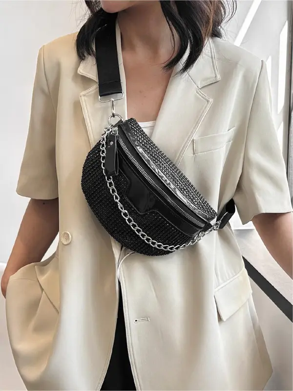 Fashion Rhinestone Decorated Fanny Pack, Casual Versatile Chain Strap Chest Bag for Women, Simple All-match Sling Bag for Daily Life 3