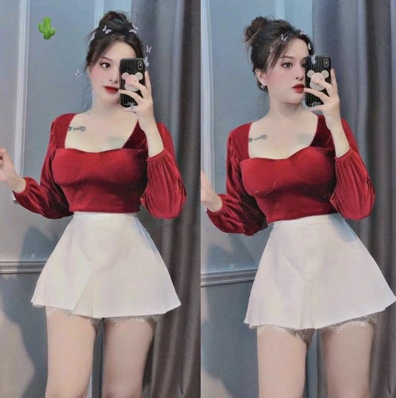  Áo nhung tay dài cổ vuông Nữ Top Women Shirt Voi 