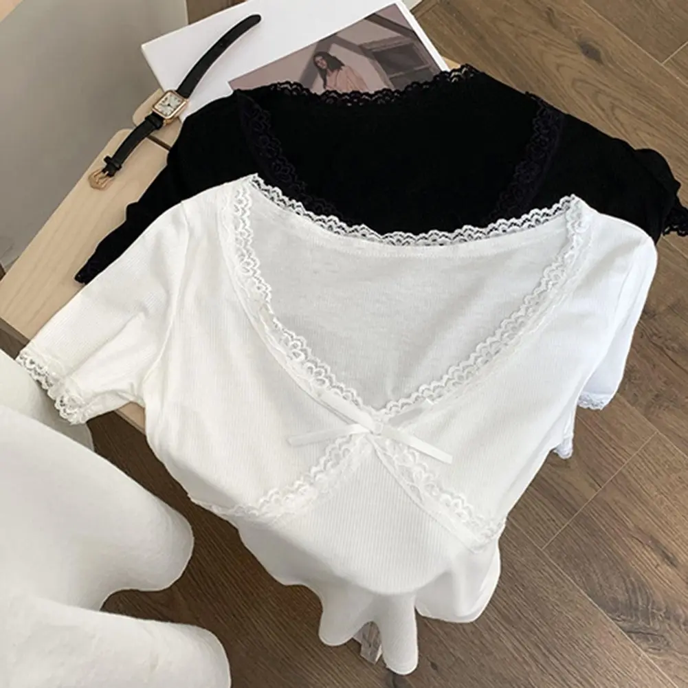 Áo Thun Nữ, Phong Cách Gyaru Cổ Điển Cổ Chữ V Phối Ren, Tay Ngắn, Áo Nơ Thời Trang
