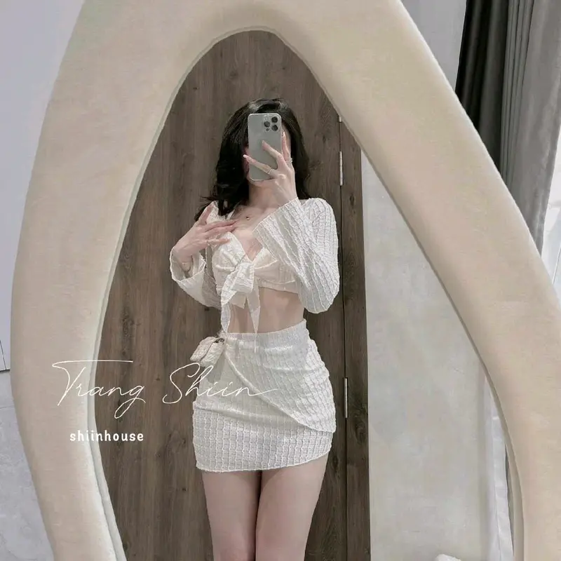 Sét đồ bikini mặc đi biển du lịch sét 3 món Ren lỗ áo Bra có mút dày kèm áo khoác tay dài mix chân váy mini khoe dáng siêu xinh sexy Nữ Women Kem 2 màu cuốn hút 5