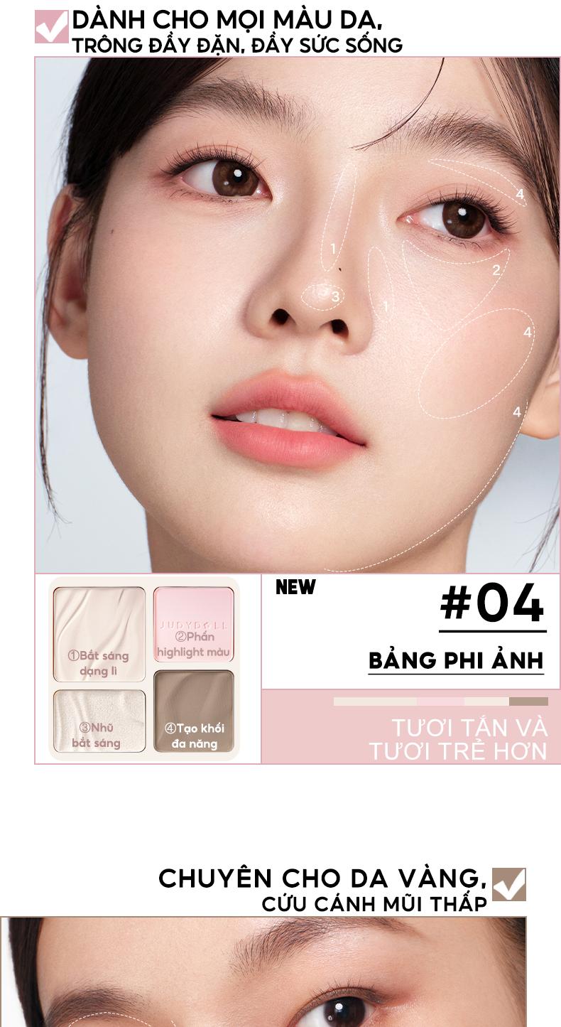 Product Introduction of [TP] JUDYDOLL Bảng phấn tạo khối bắt sáng 4 màu Highlight Contour Palette Mềm mịn Tự nhiên Lâu trôi 9g 9