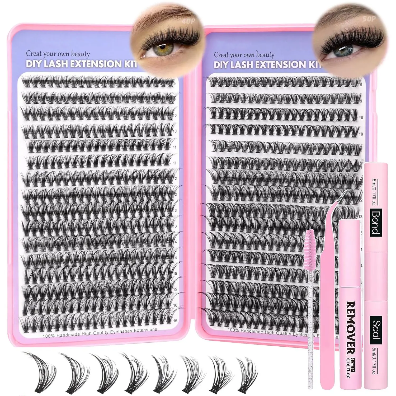 Self Grafting Curling Faux Clusters Eyelashes, 1 Set Natural Look Eyelash Extensions with Glue & Remover & Tweezers & Brush,  Individual False Eyelashes Kit