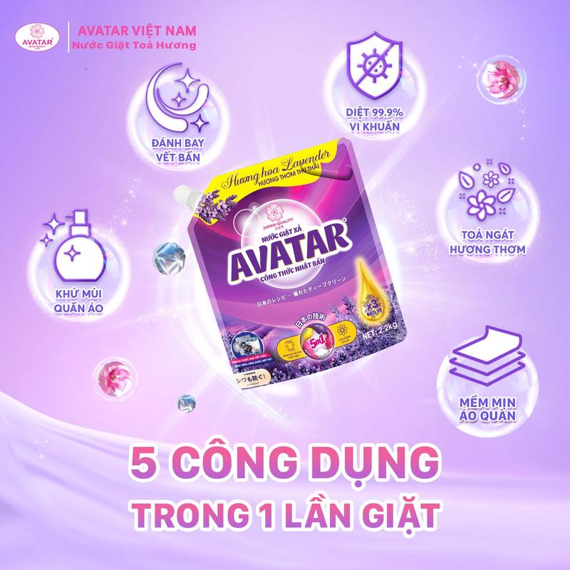Product Introduction of (MUA 1 TẶNG 1) Nước giặt xả Avatar 5 in 1 hương lavender làm sạch sâu, lưu hương dài lâu, dịu nhẹ cho làn da Làm Sạch 2kg2/túi nước  giặt 8